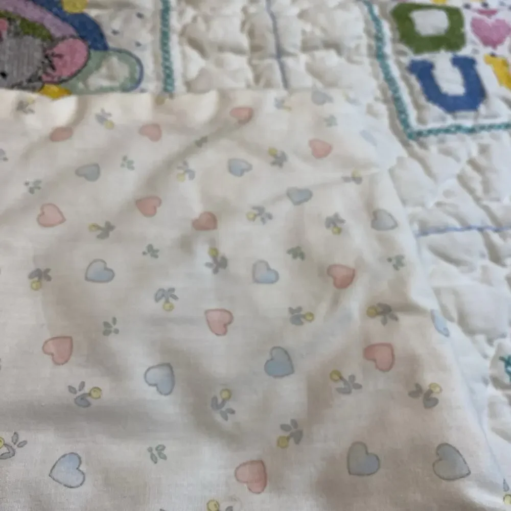 Vintage 1970s Crib Baby Coverlet Embroidery Needlepoint Novelty Quilted Blanket